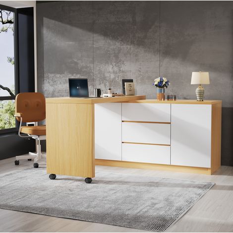 Escritorio plegable giratorio 360° con ruedas bloqueables, blanco y roble, 120 x 50 x 76,5 cm (1/5)