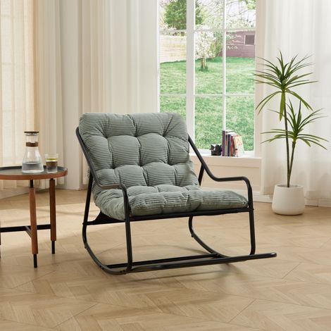 Fauteuil à bascule d'extérieur, coussin confortable et épais, idéal pour le salon, la chambre ou le coin lecture. Structure noire et coussin vert clair. (1/5)