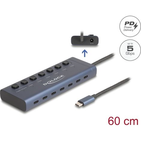 Delock Concentrador USB 5 Gbps con 7 puertos USB Type-Câ¢ con interruptor 6 x Puerto de datos + 1 x Datos y PD 20 Vatios