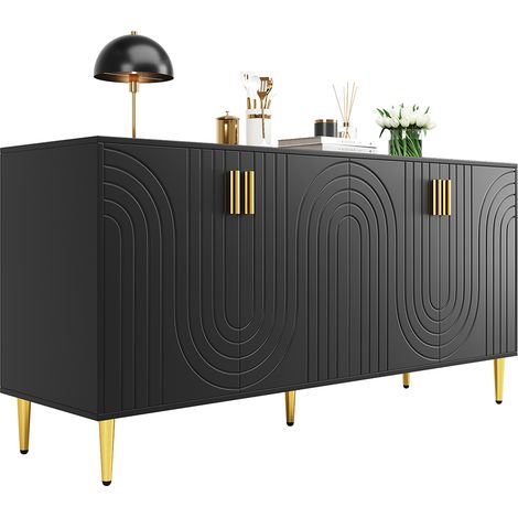 Credenza (152 x 40 x 75 cm), design unico a forma di onda, maniglie e piedi in oro - Nero (1/5)