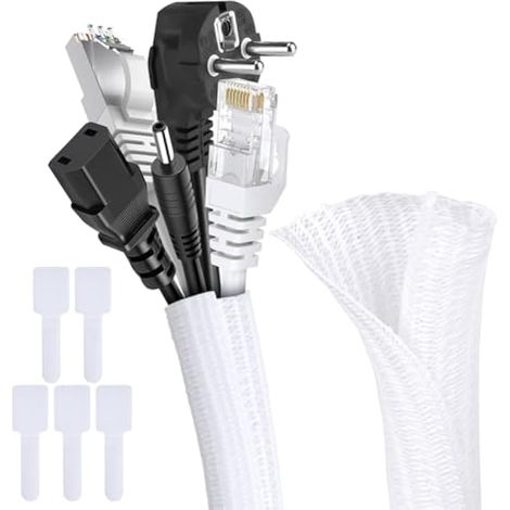 Gaine tressée auto-enroulable 10ft - 1/2 pouce, tube protecteur de câbles, avec 5 attaches auto-adhésives, anti-morsure animaux, pour TV, PC, vidéo (Blanc)