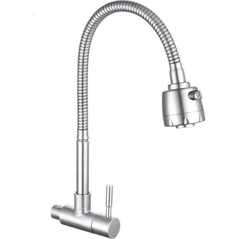 Robinet Murale Eau Froide - Bec Flexible 2 Modes Jet - Mousseur Anti-Éclaboussure - Pour Évier Cuisine - 1 Pièce (1/4)