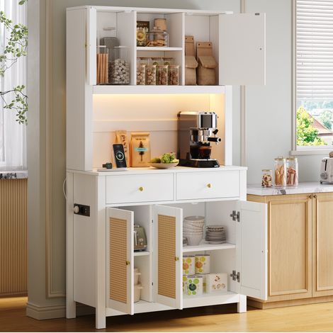 Meuble de rangement cuisine 100 x 40 x 180 cm avec LED et prises, 2 tiroirs, blanc HAVRYA (1/5)