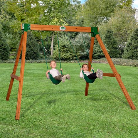 Backyard Discovery Durango Cedar Wood A-Frame Swing Set with Two Belt Swings and Pinch-Free Ropes (1/5)