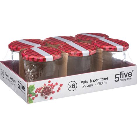 EDM – Lot de 6 pots de confiture en verre 280 ml – Diamètre 8,5 cm x Hauteur 9,5 cm – Couvercle métal hermétique pour conservation - 5five (1/4)