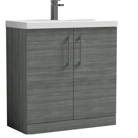 Balterley Bramshall Contemporary Bathroom Floor Standing 2-Door Vanity Unit & Mid-Edge Basin, Anthracite Woodgrain, 800mm