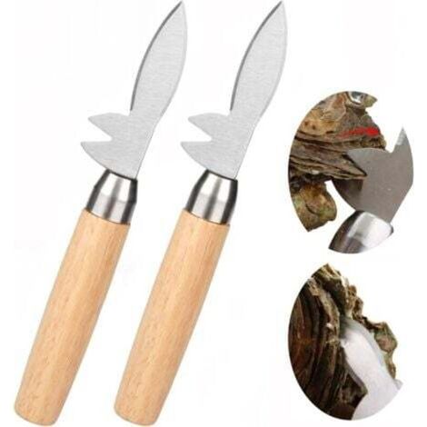 Juego de 2 cuchillos para ostras mejorados, con hoja gruesa de acero inoxidable, muesca en forma de V, mango de madera antideslizante, abridor de ostras, adecuado para abrir todo tipo de mariscos.