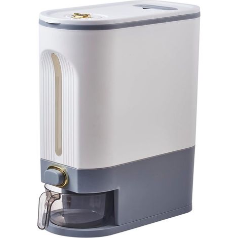 Dispensador de arroz de 10 kg, contenedor grande para granos con tapa, cilindro medidor, cubo para cocina, soja, maíz, blanco y gris (1/5)