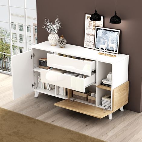 Credenza con 2 Ante e 2 Cassetti, Ripiano Regolabile, Finitura Lucida, in Pannelli di Particelle, Bianco e Rovere Chiaro (1/5)