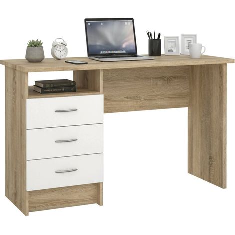 Scrivania Priscille, Scrittoio multiuso, Tavolo per ufficio porta PC, Piano di lavoro, 120x48 h72 cm, Quercia e Bianco