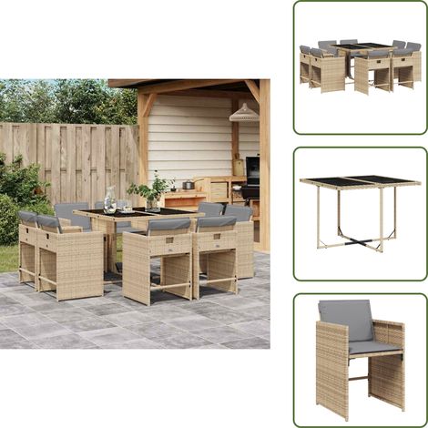 Ratán sintético - vidaXL Set comedor de jardín 9 pzas con cojines ratán sintético beige - Cojines para sillas