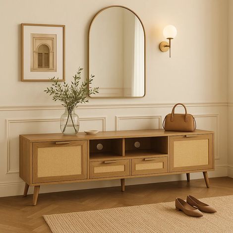 URBAN MEUBLE Vitrine en rotin tressé avec pieds en bois massif 200x37x49 cm (1/5)