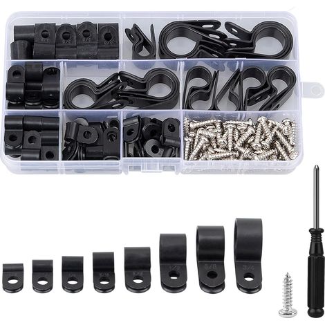Clips cable 151pcs/8 tailles Accroche cable,Cavalier cable electrique,P-Clip avec Vis et Tournevis pour conduits, câbles, gaines(noir) (1/5)