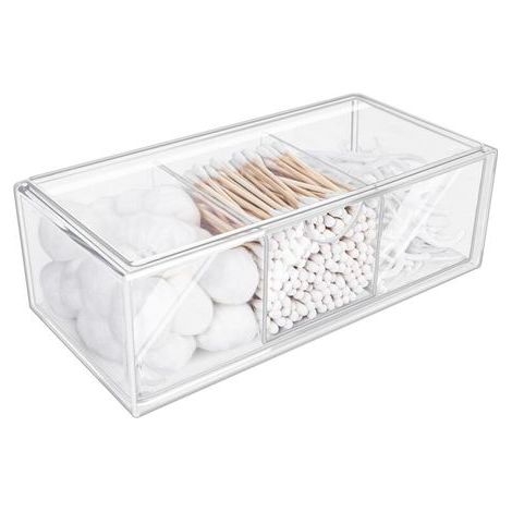Boite Coton Tige en Acrylique 3 Compartiment,Rangement Coton Tige Transparent,Mini Organisateur tiroir Rangement Plastique,pour Coiffeuse, Rangement et Organisation de la Salle de Bain (1/4)