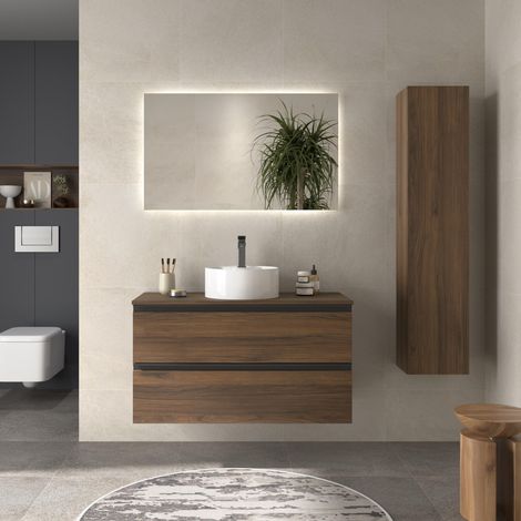Meuble de salle de bain BEQUIA METAL 100cm Noyer Avec plan toilette (vasque non incluse) (1/5)