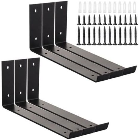 Lot de 6 supports d'étagère robustes de 225 mm (8,8 pouces) pour planches d'échafaudage, avec rebord, en métal de 4 mm d'épaisseur, fixation murale flottante, noir.