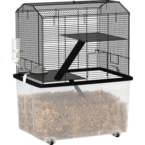 Cage à hamster pour rongeurs, 3 étages avec plateforme à roulettes et échelle en fil d'acier, 57 x 43 x 74 cm, noire. Cette cage pour rongeurs et petits animaux est conçue avec des matériaux de hau... (1/5)