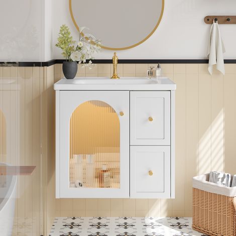 Meuble de salle de bain mural avec lavabo, portes en verre rayé, tiroirs et éclairage LED, en MDF, blanc (1/5)