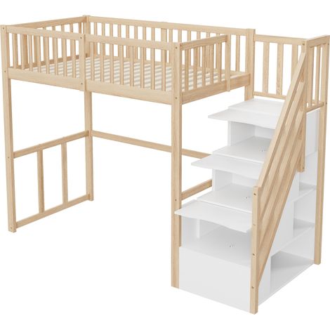 Letto a soppalco 90 x 200 in pino con scala contenitore, bianco e legno naturale, MODENUIT (1/5)