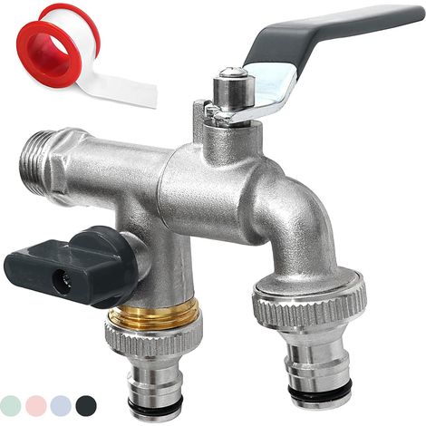 Premium quality brass double tap, 1/2 inch (15/21), rust and frost resistant, with 2 free hose fittings and an ebook For garden, washing machine, rainwater harvesting (1/4)