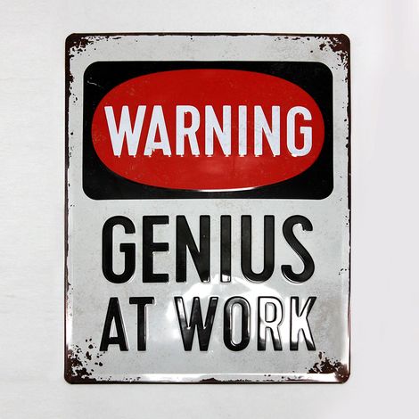 Letrero WARNING GENIUS AT WORK Letrero Cartel de Acero, Chapa Decorativa Metálica 20x30cm Made in Germany - SpazioLuzio