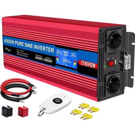 4000W convertisseur 24v 220v Pur Sinus transformateur 2 Prises EU AC et USB, télécommande sans Fil et écran LCD Onduleur pour Les systèmes Solaire, Voiture, Camping, Voyage (1/5)