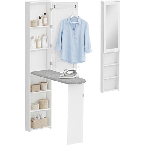 HOMCOM mueble de plancha con espejo, tabla de planchar plegable, mueble planchador con 6 compartimentos, 2 ganchos, 107x35x174 cm, blanco