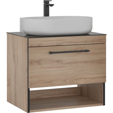 Conjunto Mueble KNIDOS Baño d 1 Cajon con Lavabo y Espejo Roble (1/5)