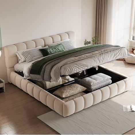 DESVIAE Lit double rembourré avec rangement hydraulique tête de lit moelleuse velours beige 140 x 190 cm sommier à lattes inclus (1/5)