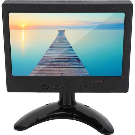 7-Zoll-Multifunktionsmonitor mit 1024x600 Pixeln, HDMI-, VGA- und AV-Ausgängen, Standfuß und 100-240V-EU-Stecker.