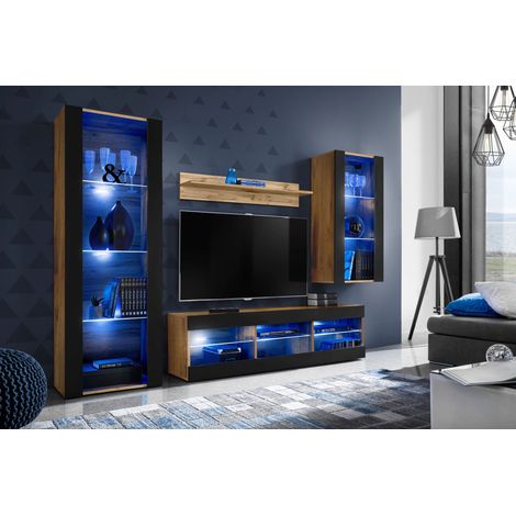 Ensemble de meubles de salon Tivoli Medio – Largeur 245cm x Hauteur 159cm x Profondeur 35cm – Panneaux laminés résistants – Éclairage LED intégré