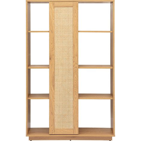 Libreria separatrice con ripiani in finitura legno chiaro rovere e intreccio di rattan L100 cm ALICANTE