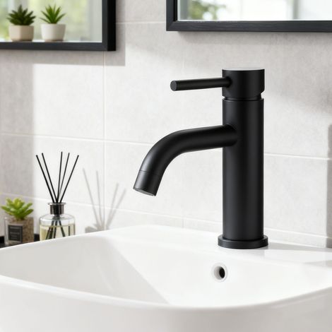 Océan Robinet de salle de bain mitigeur monocommande lavabo, acier inoxydable 304, 175mm hauteur basse, eau chaude/froide réglable, finition noir mat (1/4)