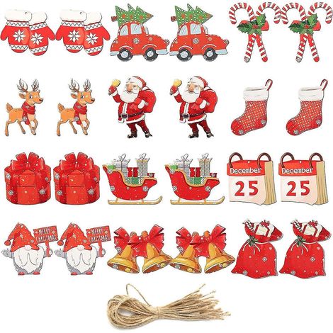 24 décorations de Noël en bois, pendentifs plats représentant des rennes, le Père Noël, des cloches, des nains, des chaussettes, des gants et des bonbons pour voiture. Décorations à suspendre au sapin (1/5)