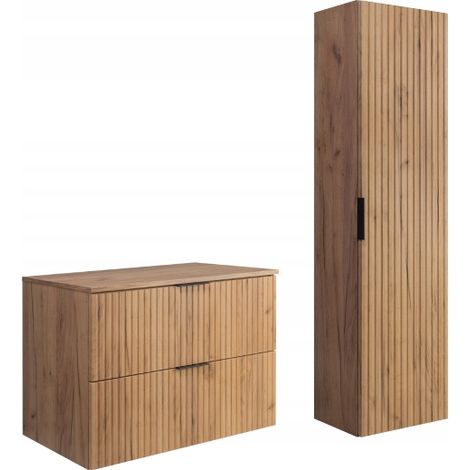 Rodan Badmöbel Set Braun Matt und Eiche Craft, Waschbeckenunterschrank 46 x 80 x 57 cm und Hochschrank 35 x 136 x 27 cm, Soft-Close