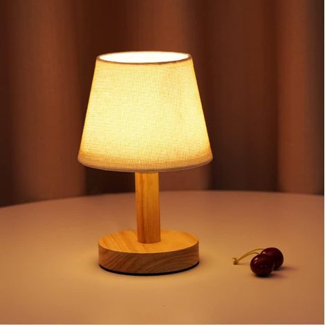 Bois Minimaliste Lampe de chevet Vintage/moderne lampe de table LED Lampe de bureau avec abat-jour en tissu Connexion USB salon garderie chambre à coucher Veilleuse (1/4)