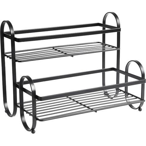 Support de rangement en métal de cuisine à 2 niveaux, organisateur de stockage de pots, support d'armoire, organisateur d'assaisonnement pour cuisine salle de bain (Schwarz) (1/5)