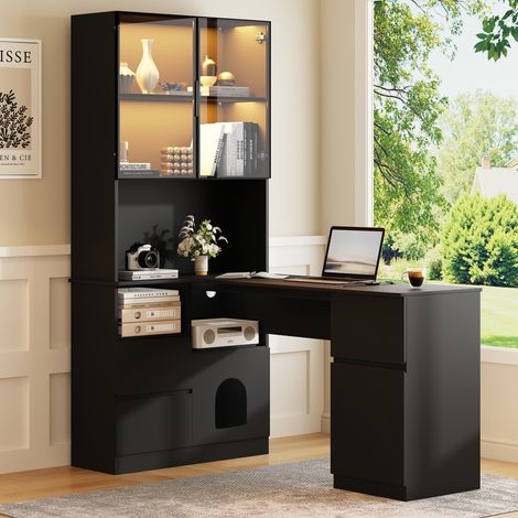 Bureau d'Angle avec Étagère et Vitrine LED 120x80x180 cm, Table Informatique avec Rangement, 3 Tiroirs, Passe-Câbles, Noir et Gris (1/5)