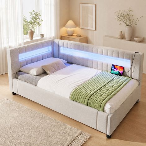 Letto 90 x 200 cm con contenitore idraulico, LED, USB e USB-C, beige DESVIAE (1/5)