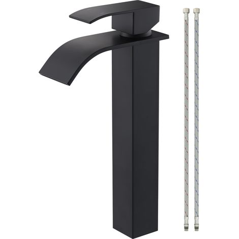 Robinet Lavabo Cascade Haut,Mitigeur de Lavabo avec bec Hauteur: 224 mm,Robinet de Lavabo pour Salle de Bain,Mitigeur monocommande en acier inoxydable,Noir (1/5)