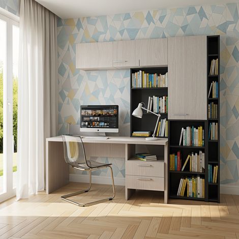 Angolo studio multifunzionale con libreria a profondità variabile e cassettiera integrata - Rovere rock