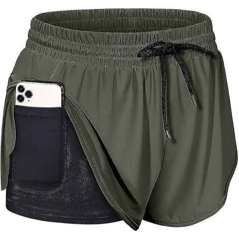 Short de sport pour femme avec taille élastiquée à cordon et poche intérieure doubléeShort de sport double couche pour femme avec taille élastique à cordon (1/4)