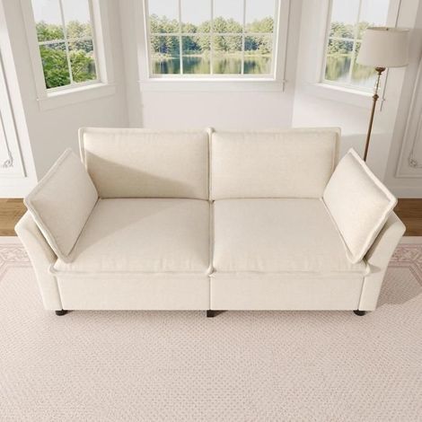 Canapé 2 places - KOMHTOM - Fixe - Chenille beige - Rembourrage moelleux - Livré avec 2 coussins (1/5)