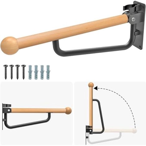 Dolibest Barre d'appui pliable de 61 cm pour toilettes pour personnes âgées, main courante de sécurité murale en bois pour personnes handicapées, cadre de bras de support rabattable pour salle de bain (1/5)