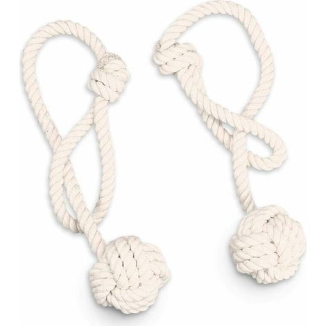 Foam Rope Curtain Tiebacks, 2 Pairs Rope Curtain Tiebacks, Curtain Tiebacks with Ball, Natural Cotton, Hand Knitted, Easy to Tie Loop, for Curtain Decoration (White (1/5)