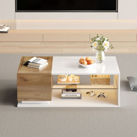 LED Couchtisch mit App Steuerung, Hochglanz Weiß und Holzfarbe, 105x50x36cm (1/5)