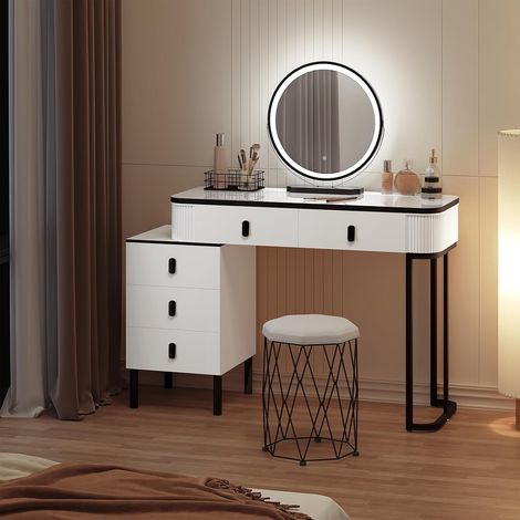 WOLTU Dressing Table with 5 Drawers and Stool, 3-Colour Dimmable, White+Black (1/5)