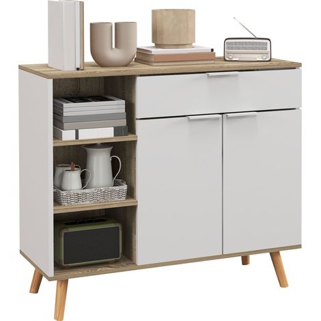 Meuble Rangement Buffet Cuisine 1 Tiroir 1 Placard Double Porte 3 Étagères Réglables 95x35x85 cm Blanc (1/5)
