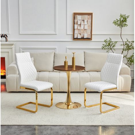 Set tavolo rotondo 60 cm in MDF effetto noce con 2 sedie bianche e struttura dorata (1/5)