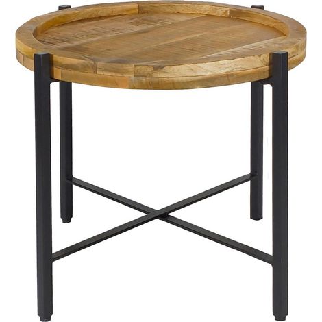Table basse ronde d'appoint en bois de manguier recyclé massif et métal noir ou blanc Ø 46 cm - PANGIVO (1/5)
